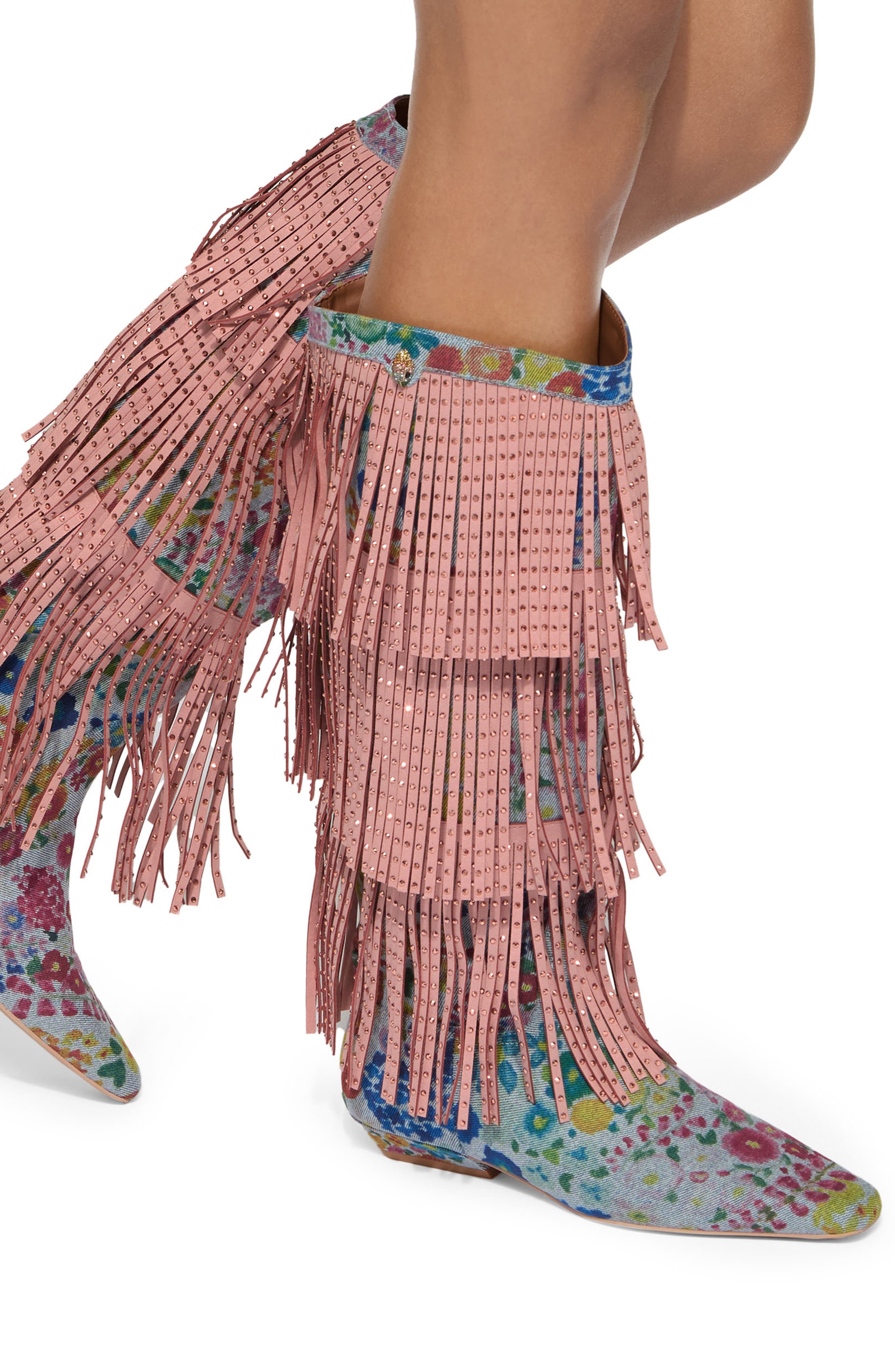 Floral Sequin Fringe Western Boot, Alternate, color, LIGHT/ PASTEL BLUE