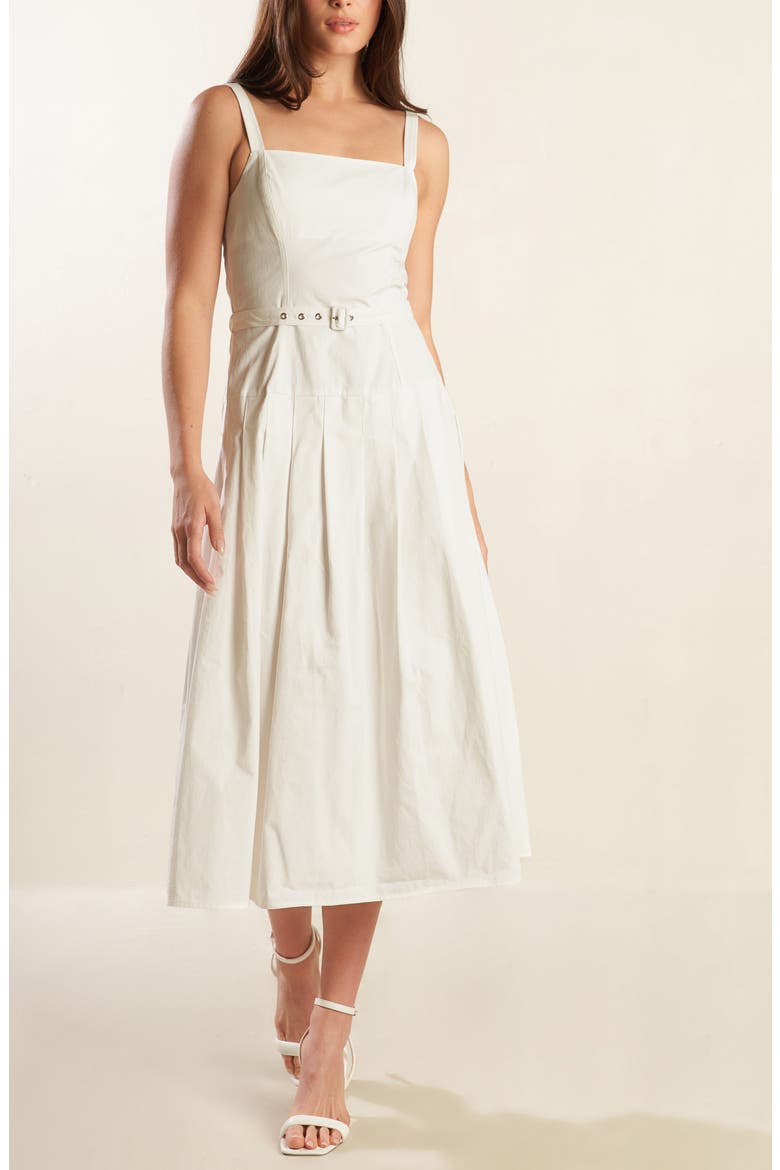 Square Neck Belted Cotton Midi Sundress, Alternate, color, WHITE