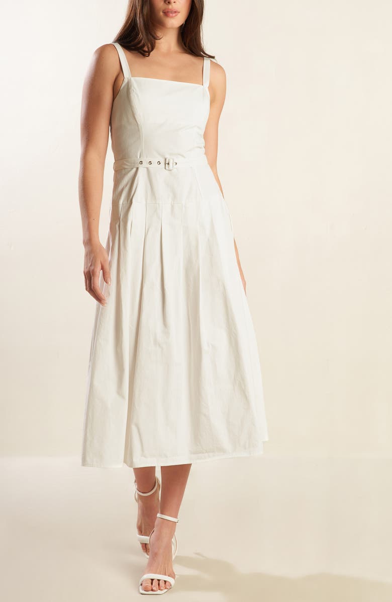 FREEMARKET Square Neck Belted Cotton Midi Sundress, Alternate, color, White