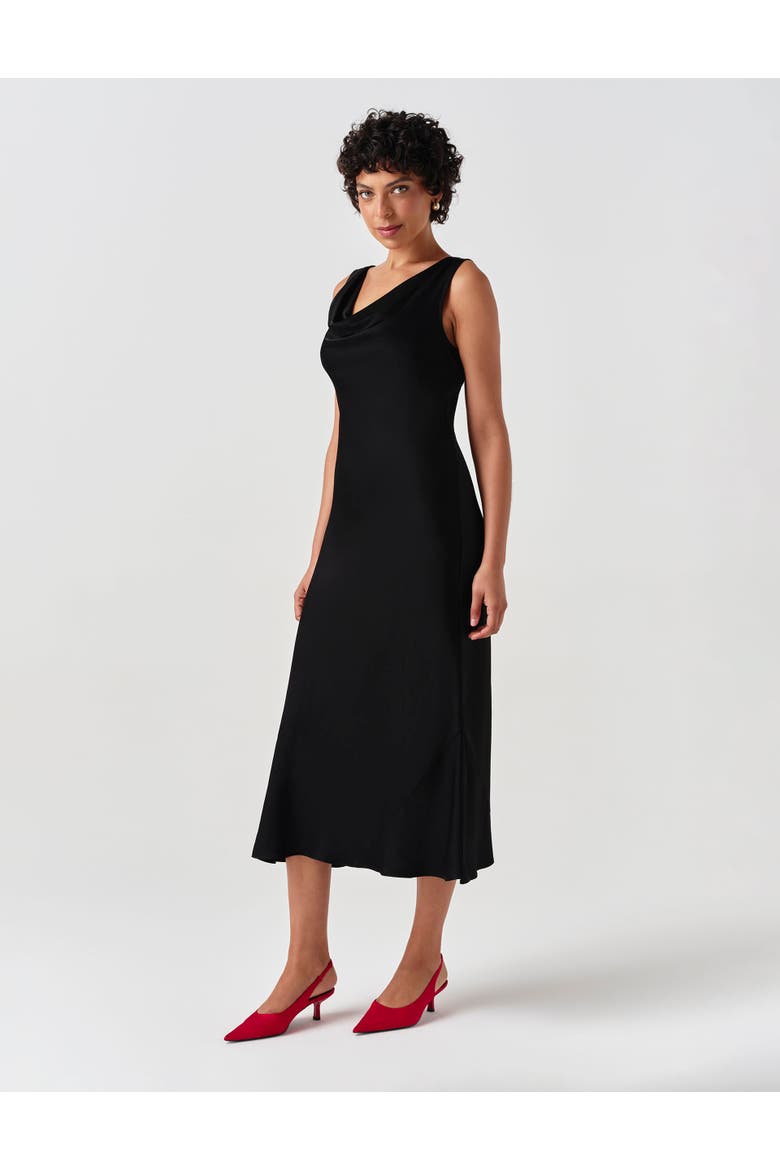 Arya Cowl Neck Satin Midi Dress, Alternate, color, Black