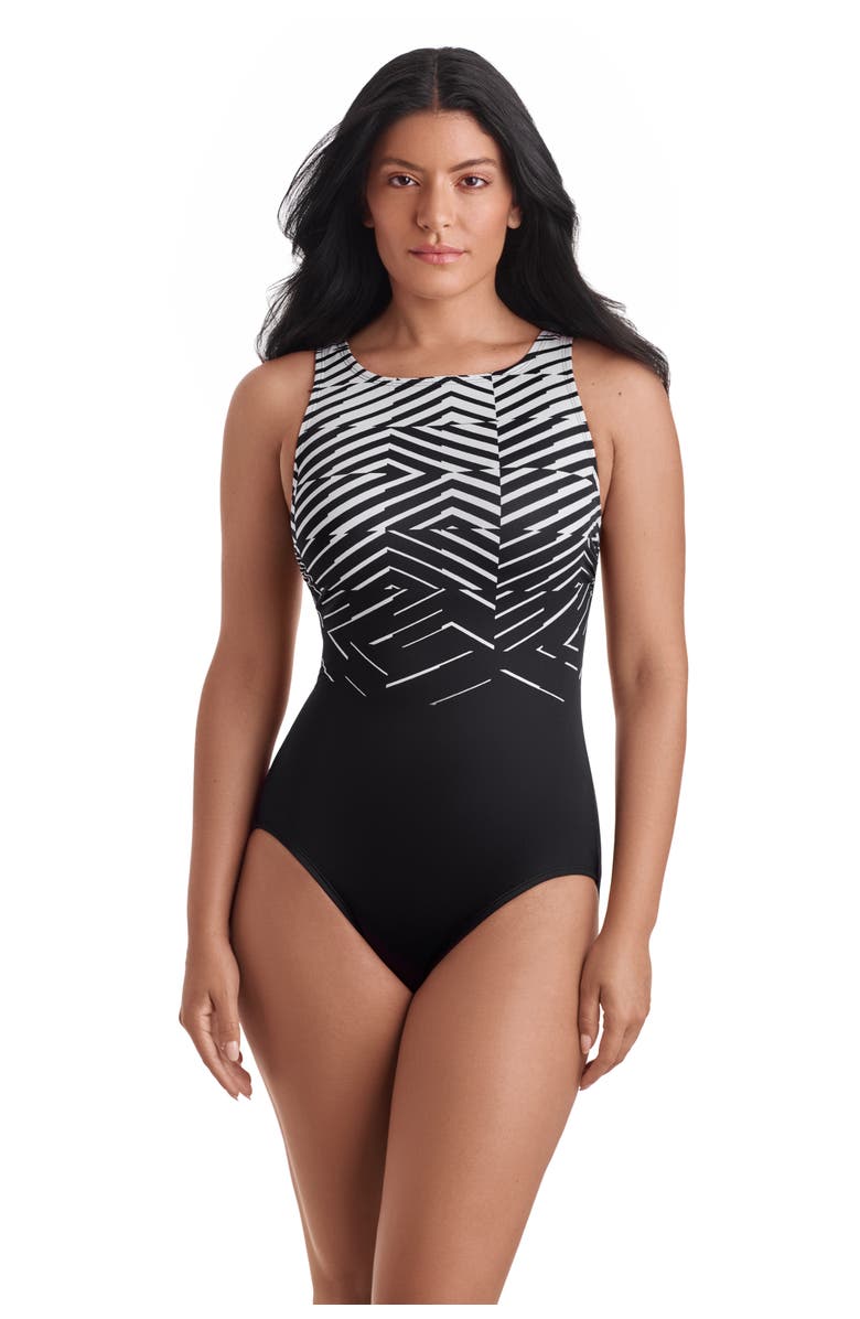 ShapeSolver Sport Binded Highneck Tank Chlorine Resistant One-Piece Swimsuit, Main, color, In Graphic Details