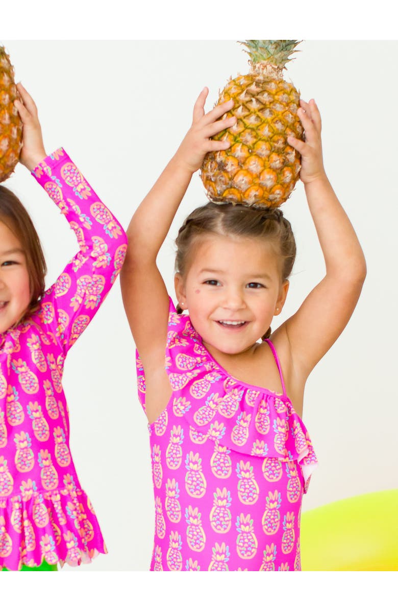 RuffleButts Girls UPF50+ Sun Protection One Shoulder Ruffle One Piece, Alternate, color, Neon Violet Pineapples