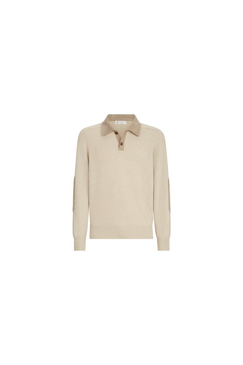 Cashmere knit polo with suede collar, Alternate, color, Sand