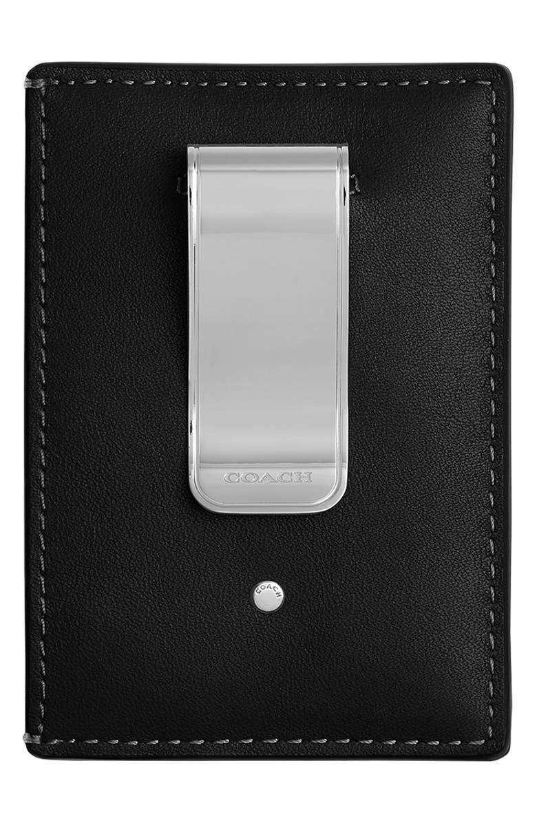 COACH Leather Money Clip Card Case, Alternate, color, Black