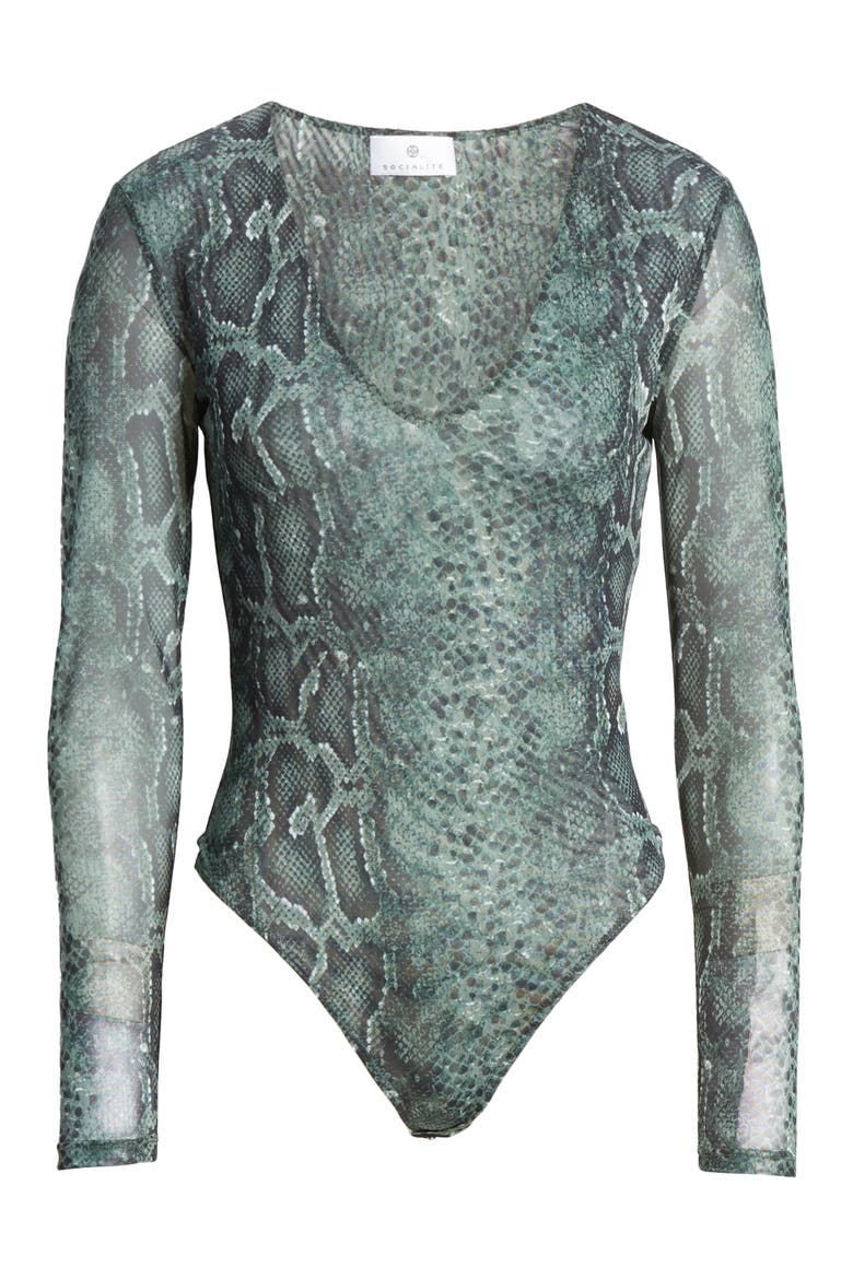 Mesh V-Neck Bodysuit, Alternate, color, EMERALD GREEN SNAKE