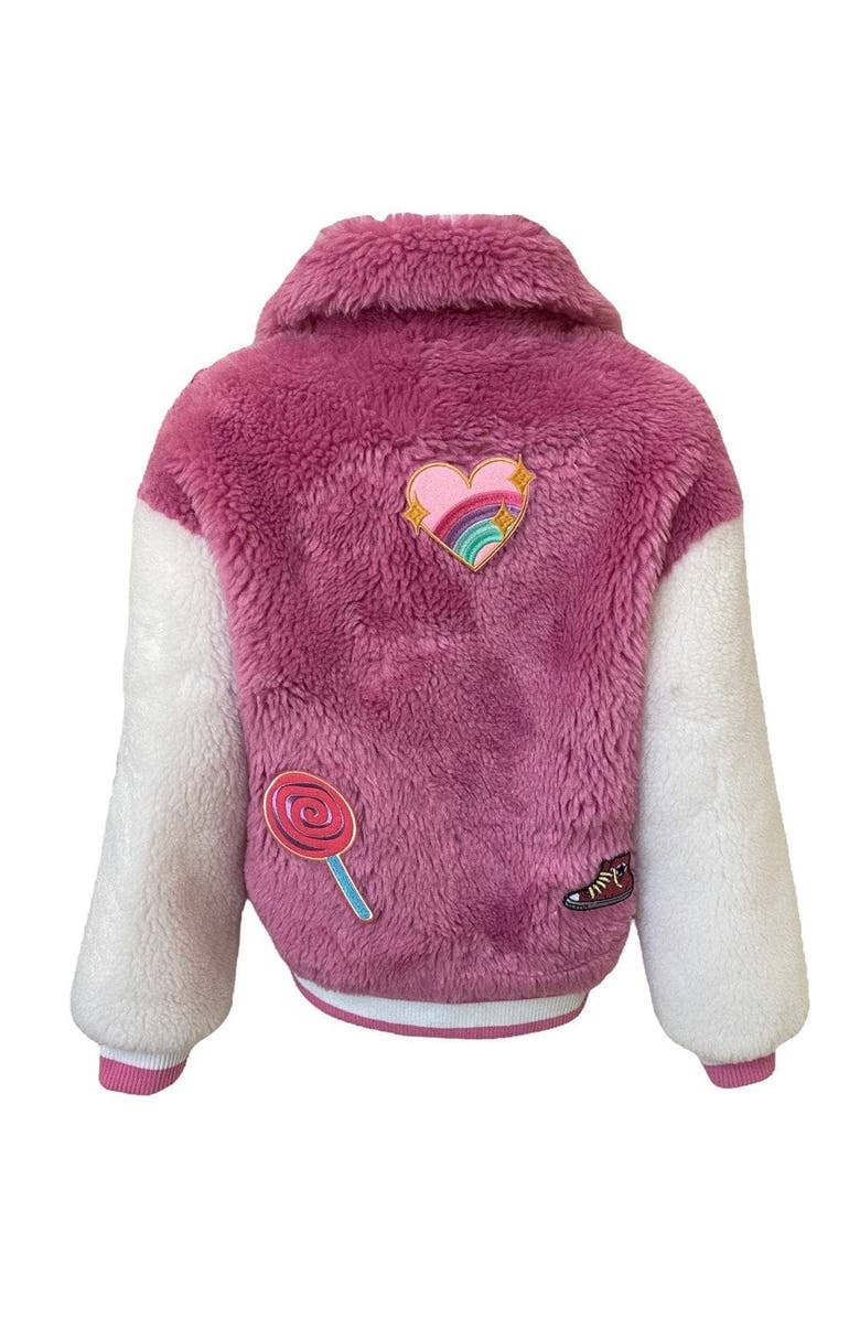 Lola + The Boys Varsity Patch Faux Fur Bomber, Alternate, color, 