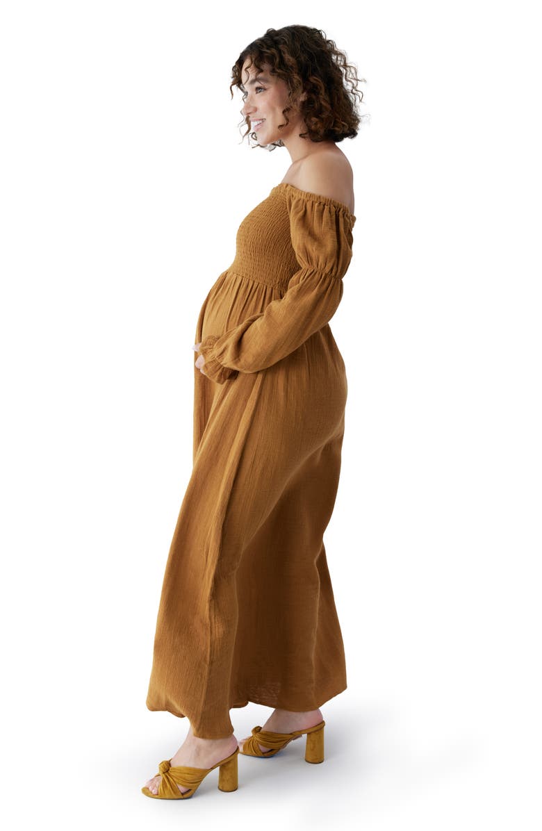 Ingrid & Isabel<sup>®</sup> The Dream Off the Shoulder Long Sleeve Cotton Maternity Midi Dress, Alternate, color, Golden Brown
