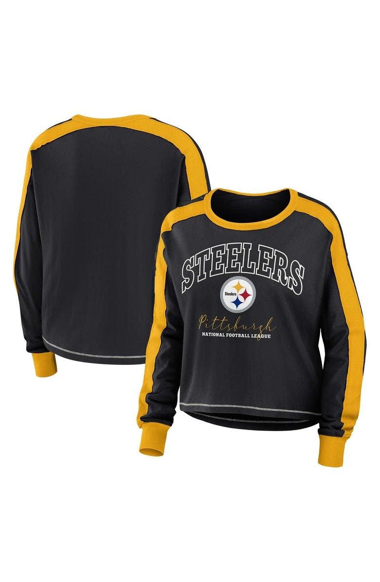 WEAR by Erin Andrews Women's WEAR by Erin Andrews Black Pittsburgh Steelers Plus Size Colorblock Long Sleeve T-Shirt, Main, color, 
