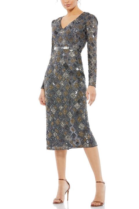 Long Sleeve Geometric Sequin Midi Dress