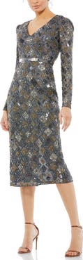 Mac Duggal Long Sleeve Geometric Sequin Midi Dress