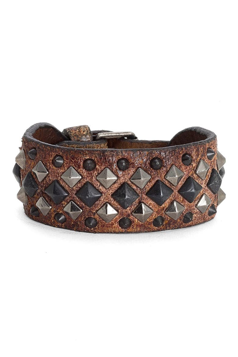 'Deborah' Studded Leather Cuff Bracelet, Main, color, WHISKEY