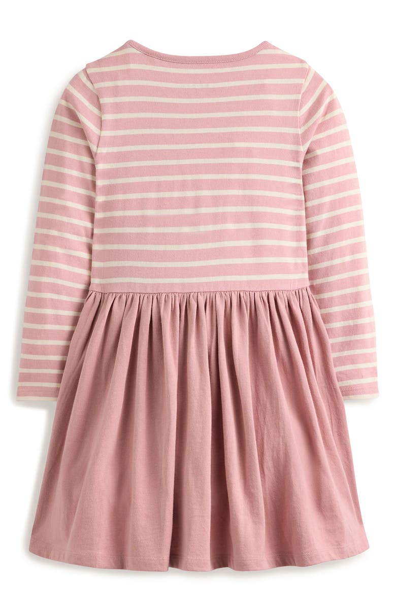 Mini Boden Kids' Dino Appliqué Stripe Long Sleeve Cotton Dress, Alternate, color,