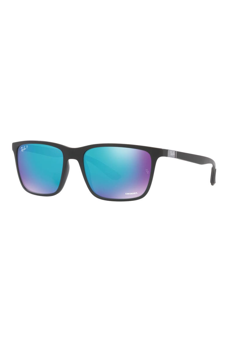 58mm Mirrored Polarized Rectangular Sunglasses, Alternate, color, MATTE BLACK