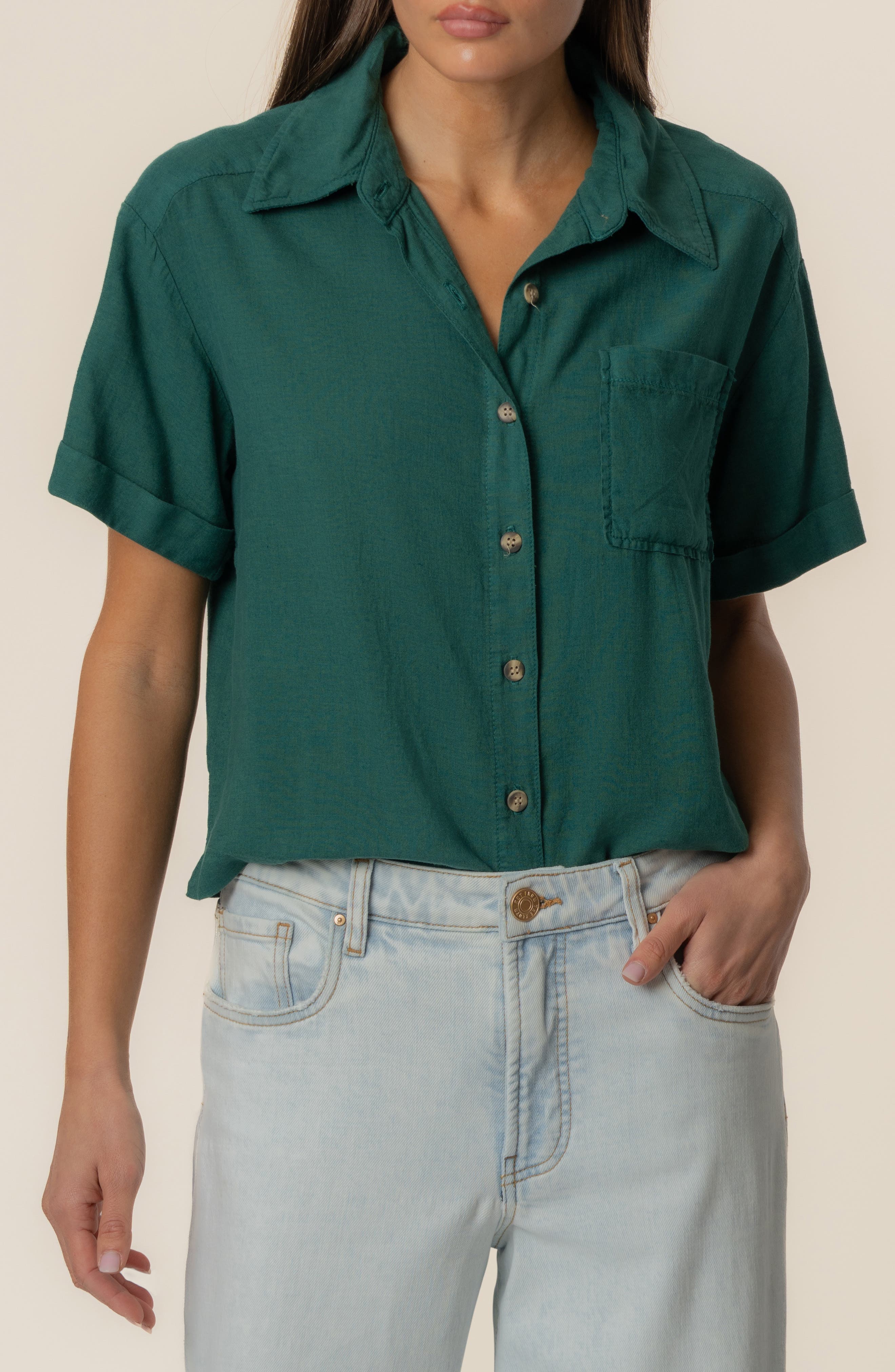 Aida Linen Blend Short Sleeve Button-Up Top - image 3