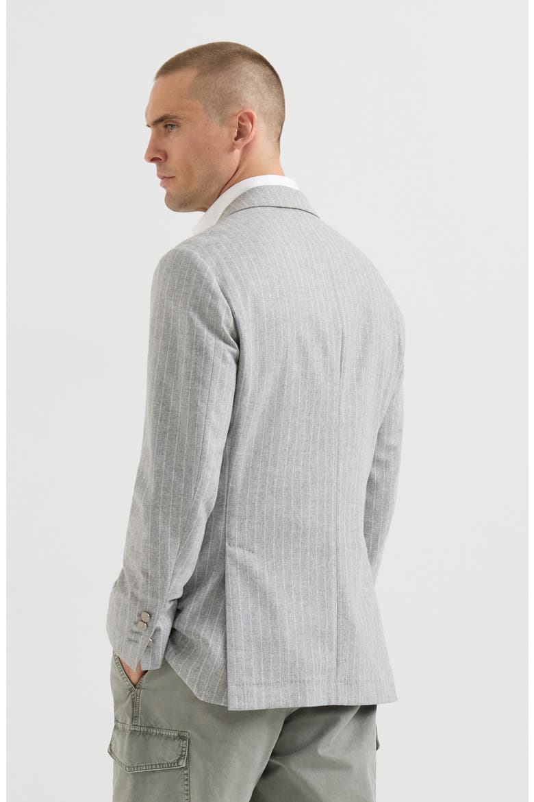 Virgin wool and cashmere chalk stripe flannel one-and-a-half breasted deconstructed blazer with metal buttons, Alternate, color, Light Grey