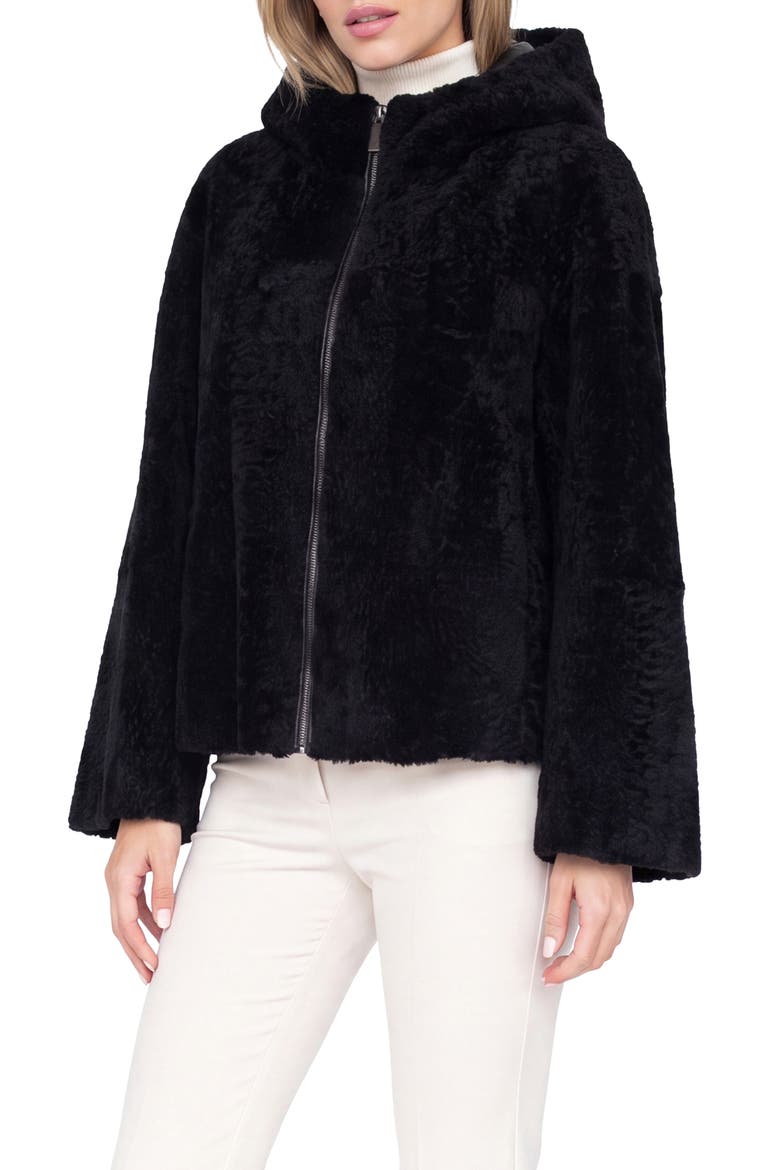 Genuine Shearling Zip Hooded Jacket, Rev, Alternate, color, BLACK