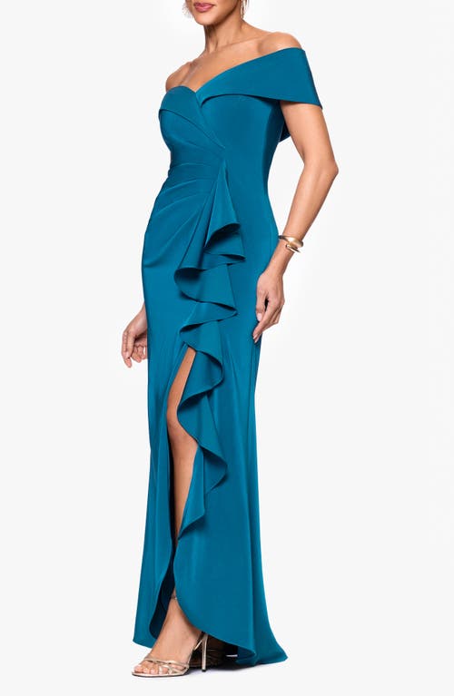 Xscape Evenings Ruffle Off The Shoulder Satin Faille Trumpet Gown In Blue