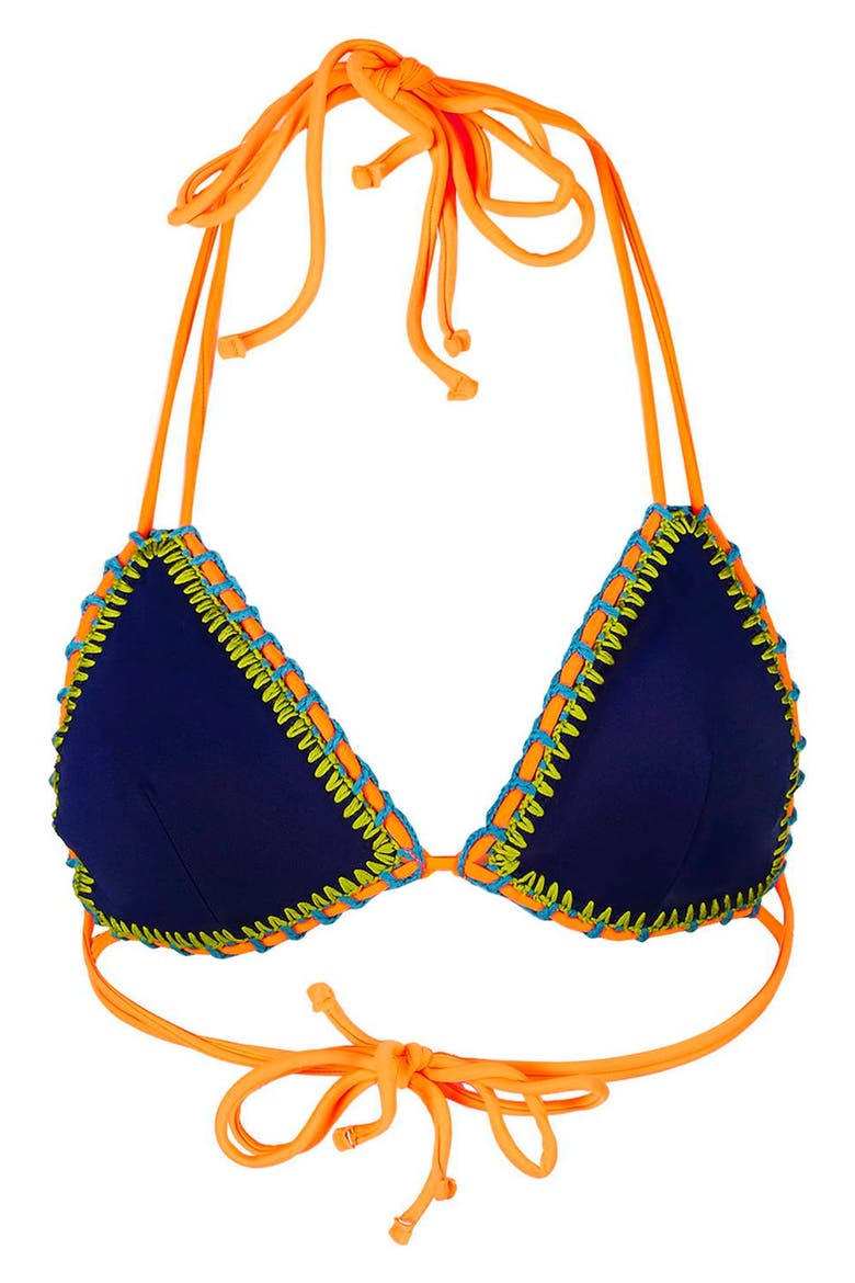 Crochet Trim Triangle Bikini Top, Alternate, color, BLUE MULTI