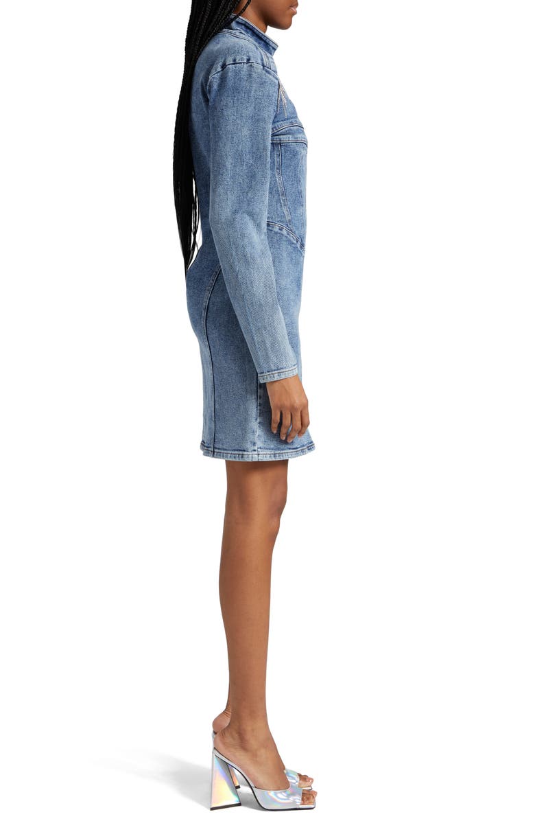 GESTUZ Crystal Fringe Long Sleeve Denim Minidress, Alternate, color, 