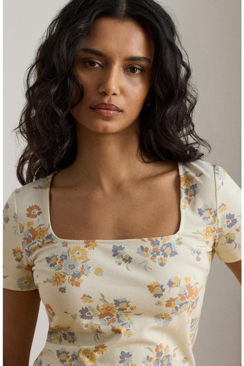 Floral Square Neck Stretch Cotton Jersey Top, Alternate, color, CREAM/ MULTI