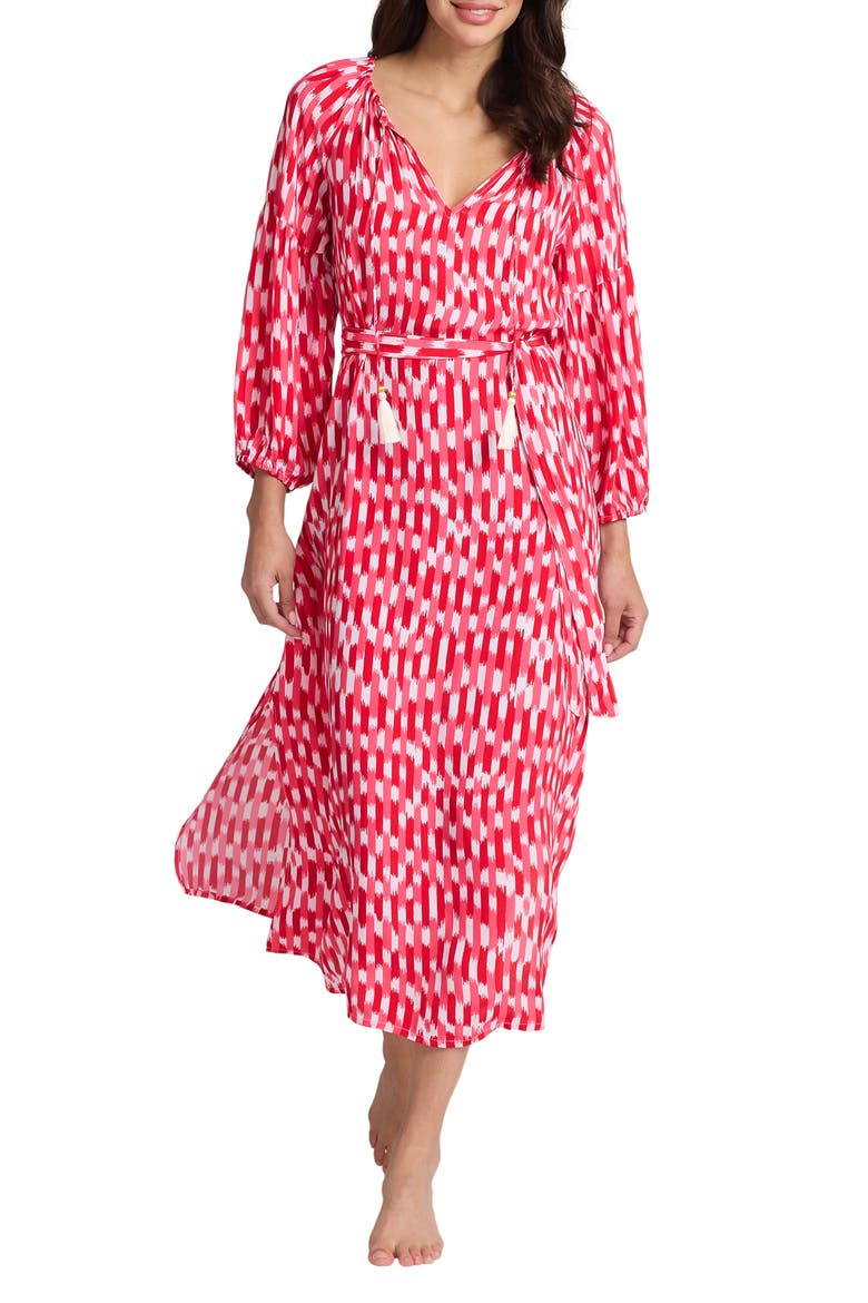 Ikat Stripe Tie Waist Cover-Up Dress, Main, color, RED HIBISCUS
