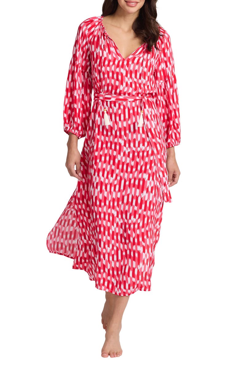Tommy Bahama Ikat Stripe Tie Waist Cover-Up Dress, Main, color, Red Hibiscus