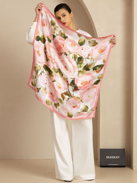 Pure Silk Pink Floral Print Square Scarf