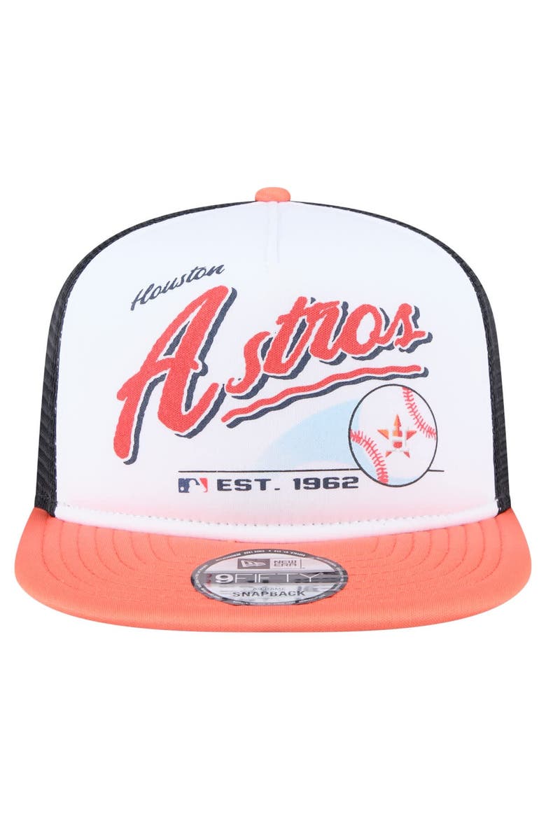 Men's New Era White/Orange Houston Astros Retro Script Trucker 9FIFTY Snapback Hat, Alternate, color, White