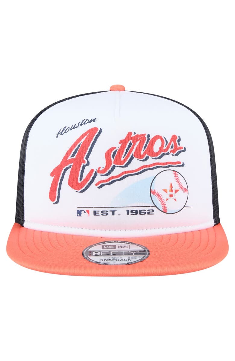New Era Men's New Era White/Orange Houston Astros Retro Script Trucker 9FIFTY Snapback Hat, Alternate, color, White