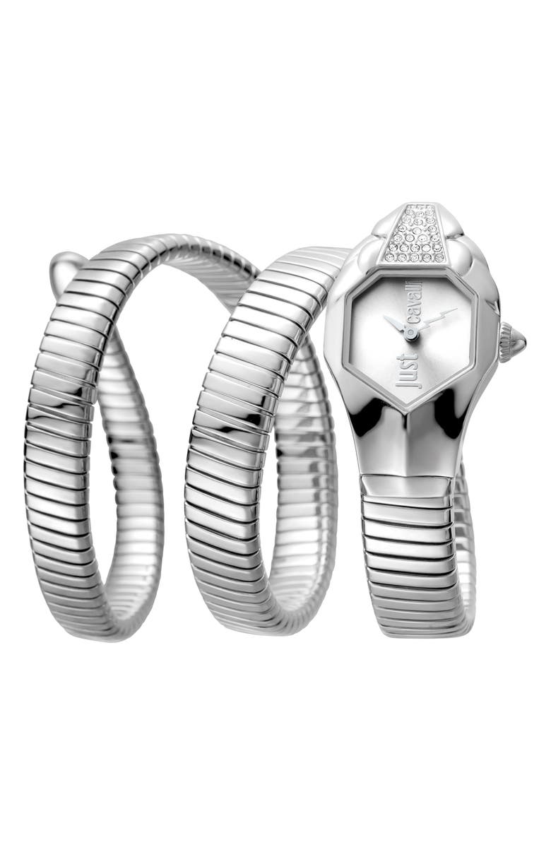 Just Cavalli Snake Wraparound Bracelet Watch, 22mmSnake Wraparound Bracelet Watch,, Main, color, Silver