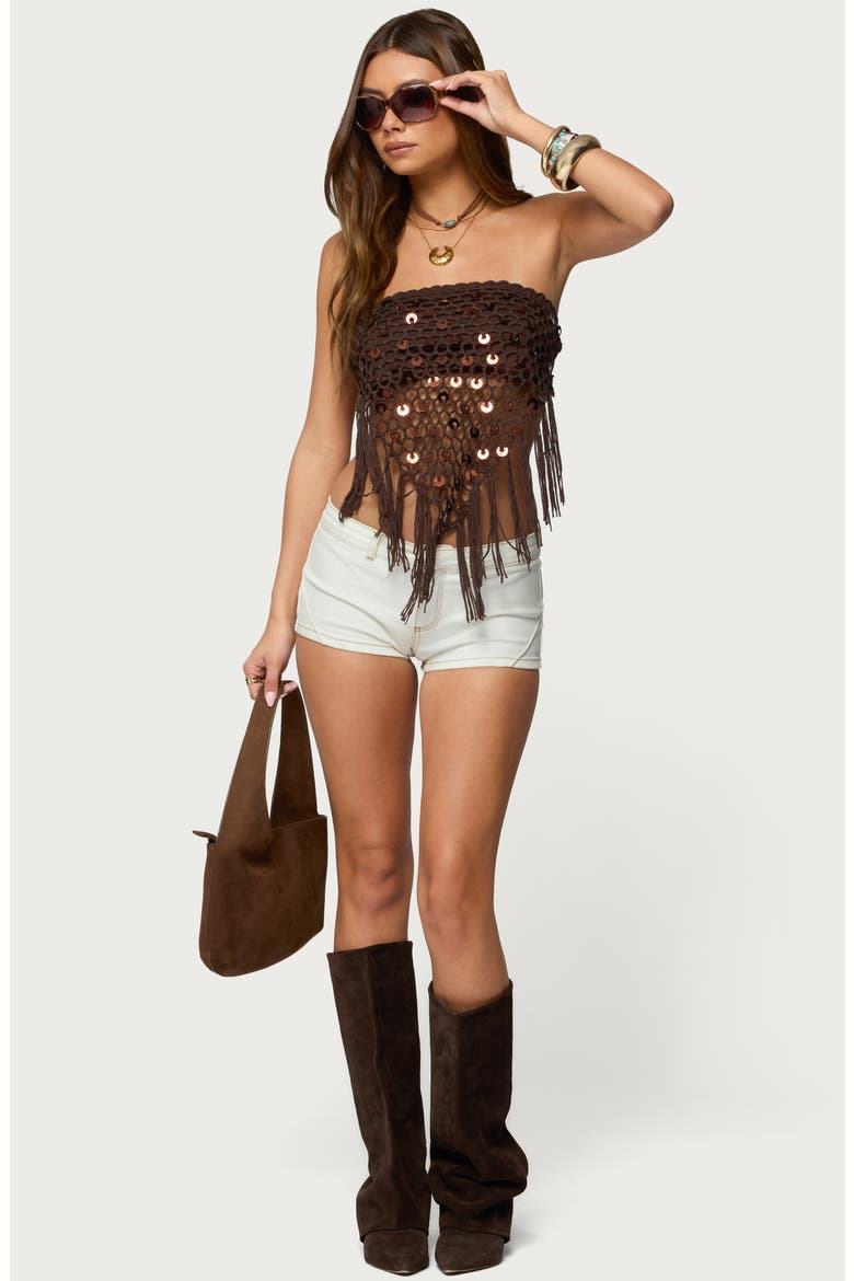 Handkerchief Open Back Crochet Top, Alternate, color, BROWN