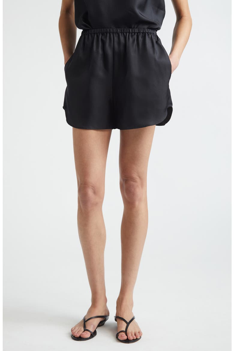Cabo Elastic Waist Silk Twill Shorts, Main, color, BLACK