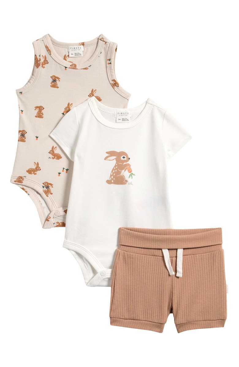 Petit Lem Bunnies 3-Piece Bodysuits & Shorts Set, Main, color, Off White