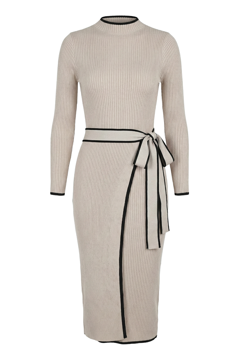 Ribbed Knit Contrast Trim Tie Waist Midi Dress, Alternate, color, Beige