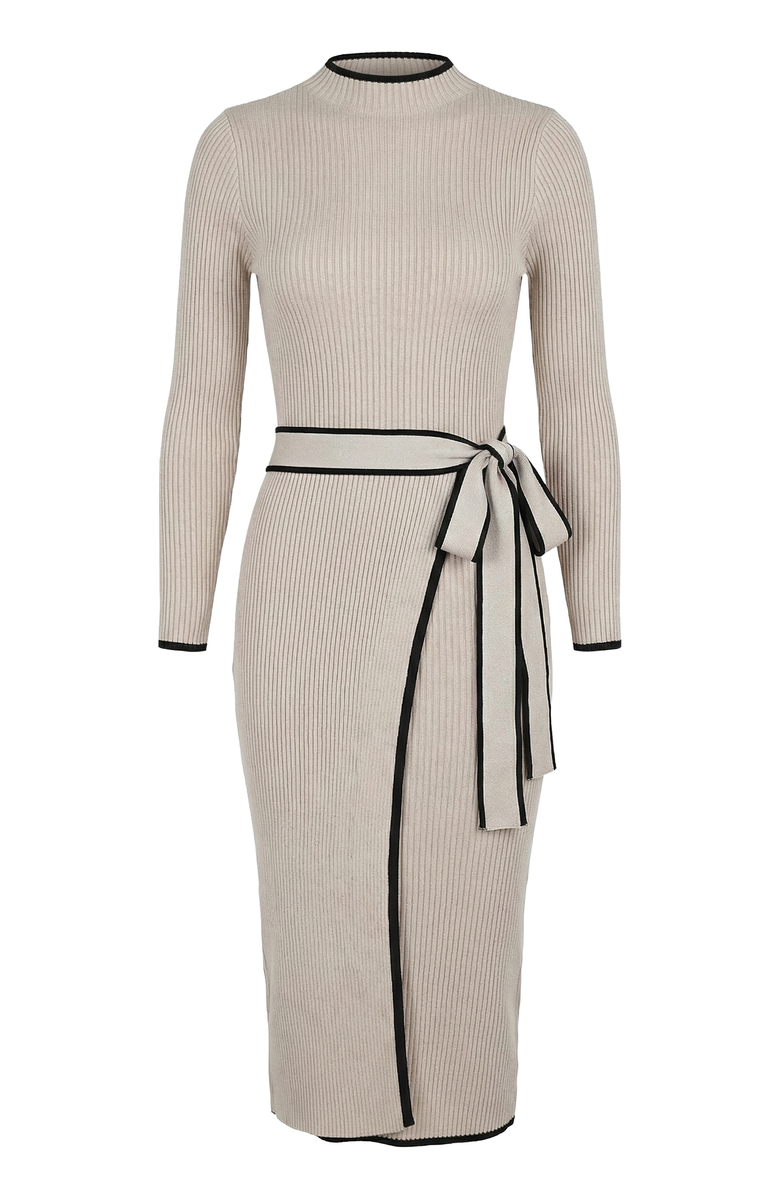 Modenaire Ribbed Knit Contrast Trim Tie Waist Midi Dress, Alternate, color, Beige