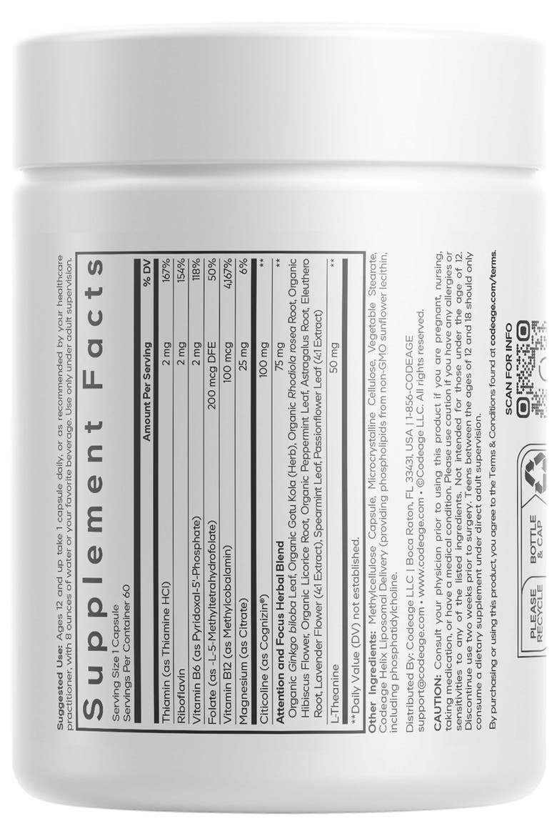 Teen Brain Focus Vitamins+ Citicoline Cognizin, L-Theanine, Herbal Blend, 12-18 Years, Alternate, color, White