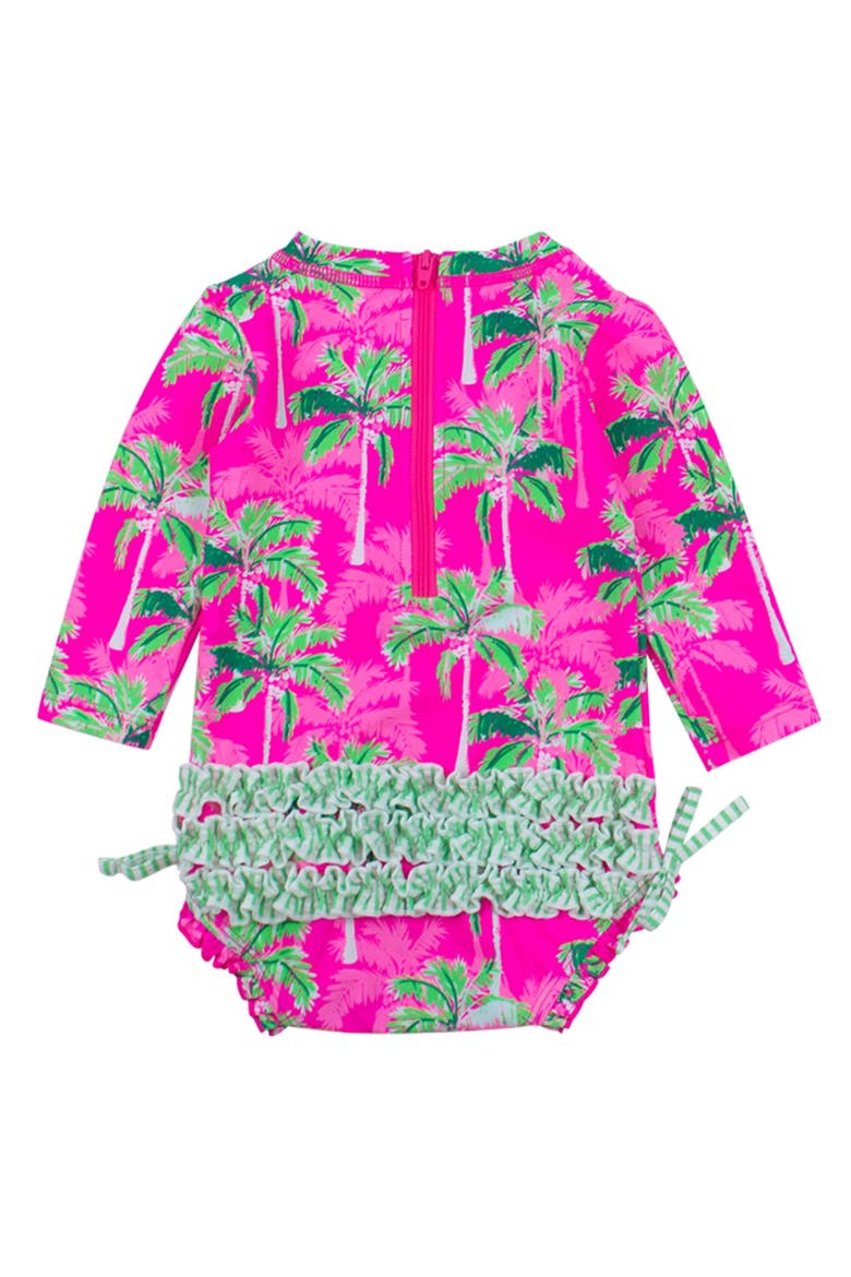 Baby Girls Tropical Long Sleeve UPF50+ One Piece Rash Guard, Alternate, color, Neon Palm Paradise
