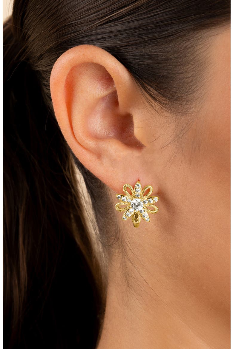 Ivana Cubic Zirconia Flower Huggie Hoop Earrings, Alternate, color, GOLD