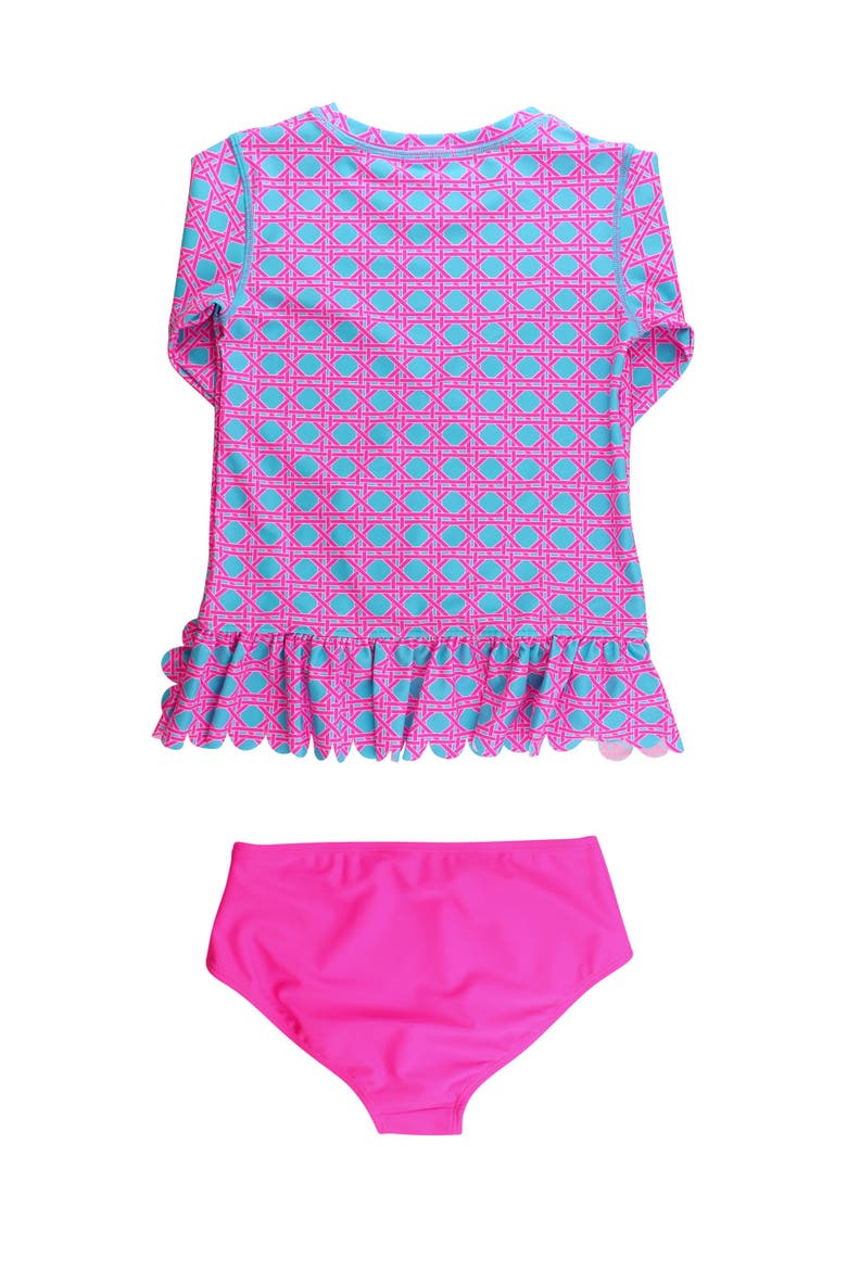 Scallop Hem Long Sleeve Rash Guard 2-Piece Bikini Swimsuit, Alternate, color, Neon Sorbet Cane