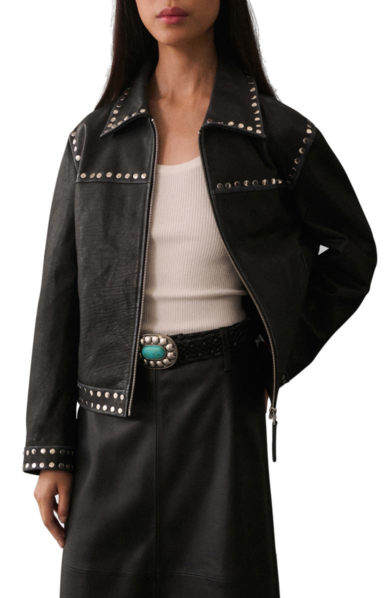 MANGO Studded Leather Jacket, Main, color, Black