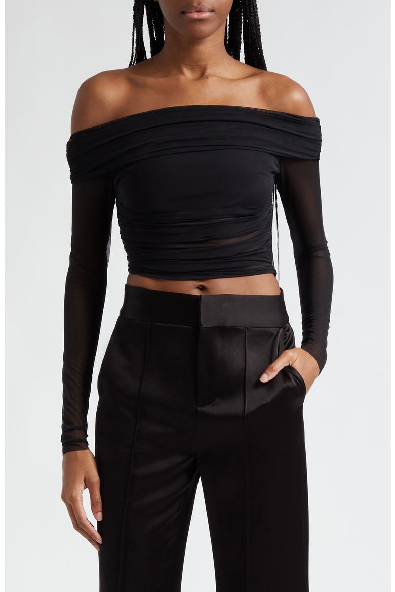 Isadola Ruched Off the Shoulder Mesh Crop Top, Main, color, BLACK