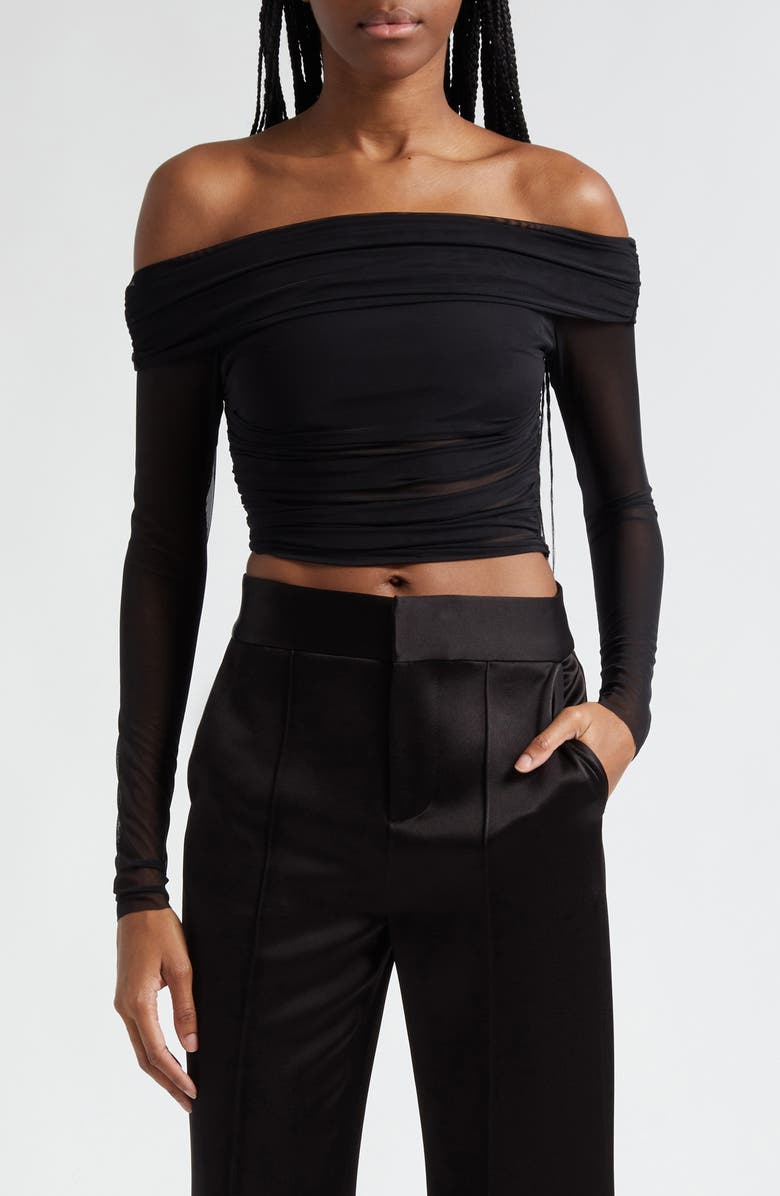 Alice + Olivia Isadola Ruched Off the Shoulder Mesh Crop Top, Main, color,