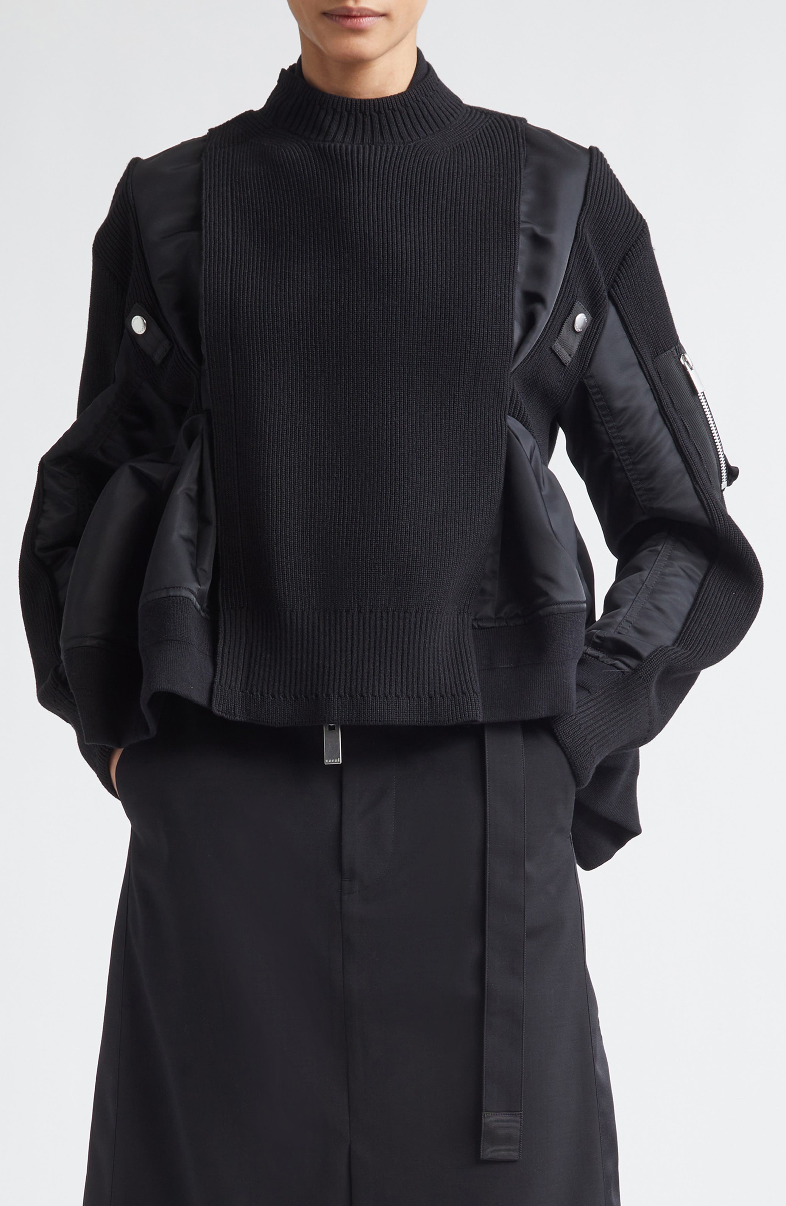 Mixed Media Bomber Jacket with Sweater Bib Overlay