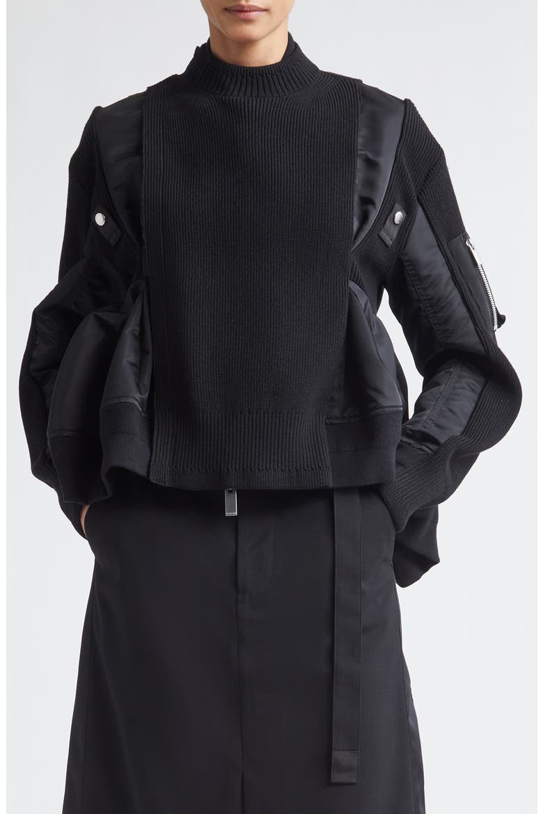 Mixed Media Bomber Jacket with Sweater Bib Overlay, Main, color, BLACK