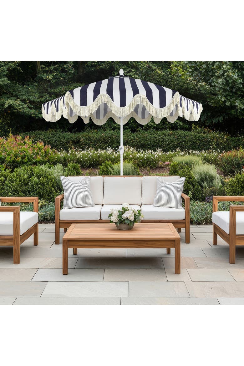 Collins Bohemian Fringe Outdoor Patio Umbrella with Crank Lift and Tilt, Scalloped UV-Resistant Canopy, Aluminum Pole, Alternate, color, Navy/White - White Pole
