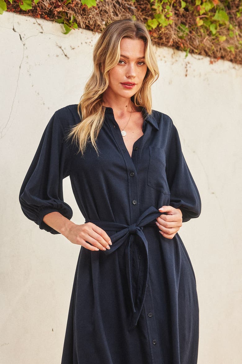 3/4 Bubble Sleeve Midi Shirt Dress, Alternate, color, Navy Blue
