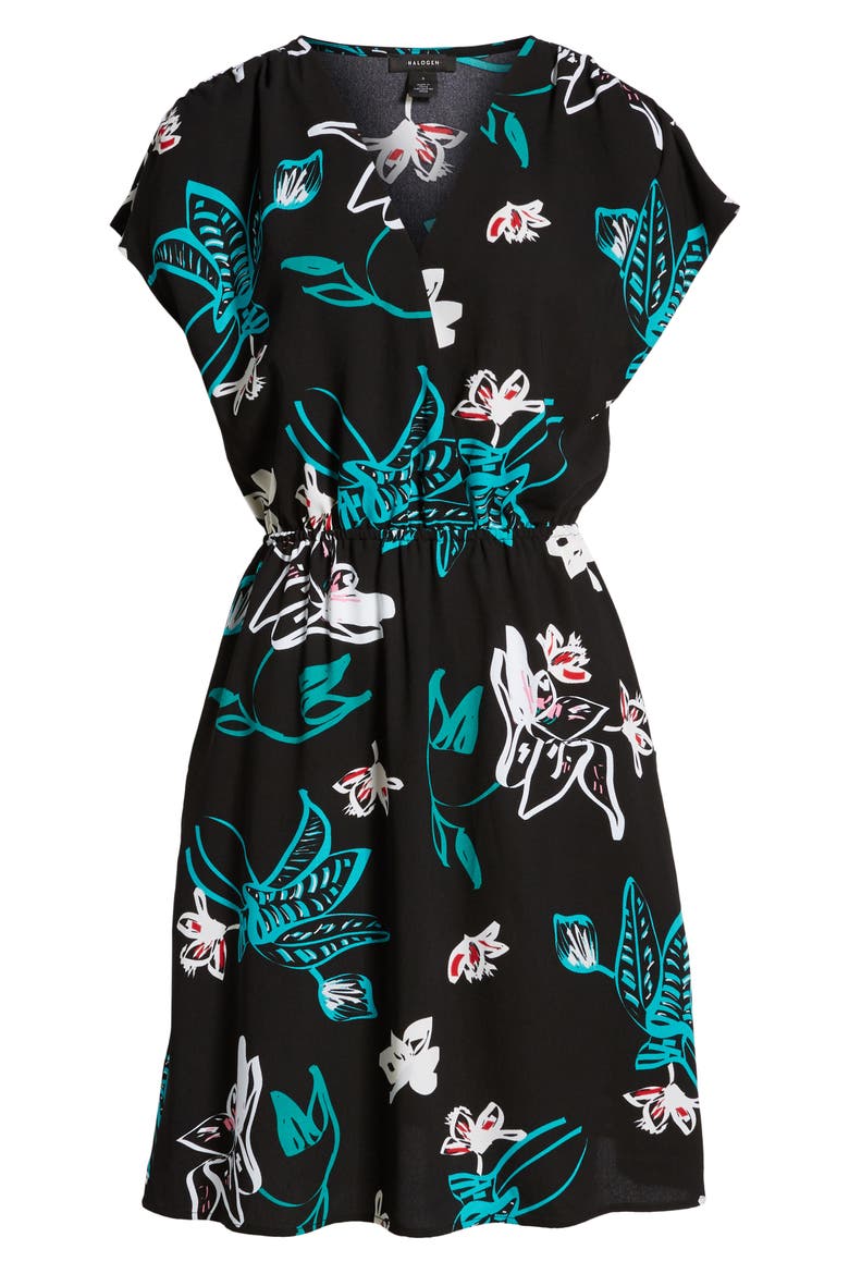 Wrap Front Dress, Alternate, color, BLACK- GREEN GRAFFITI FLORAL