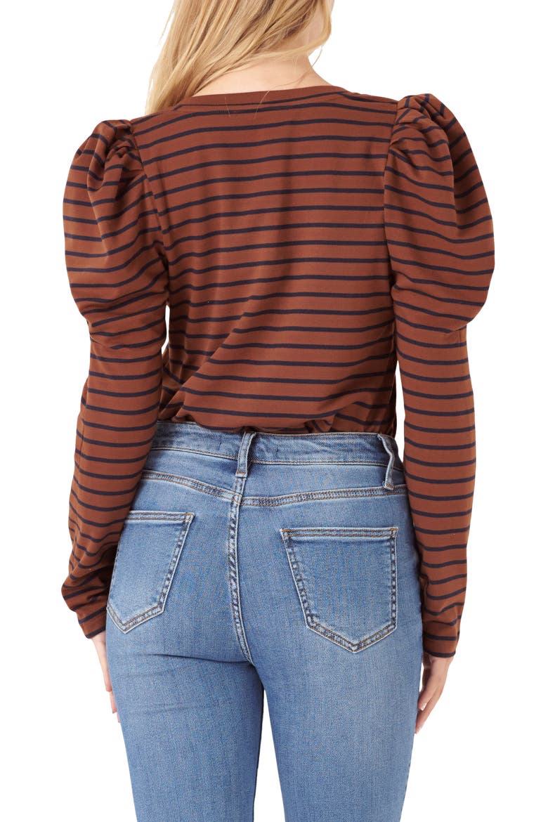 Stripe Puff Sleeve Knit Top, Alternate, color, BROWN/ NAVY