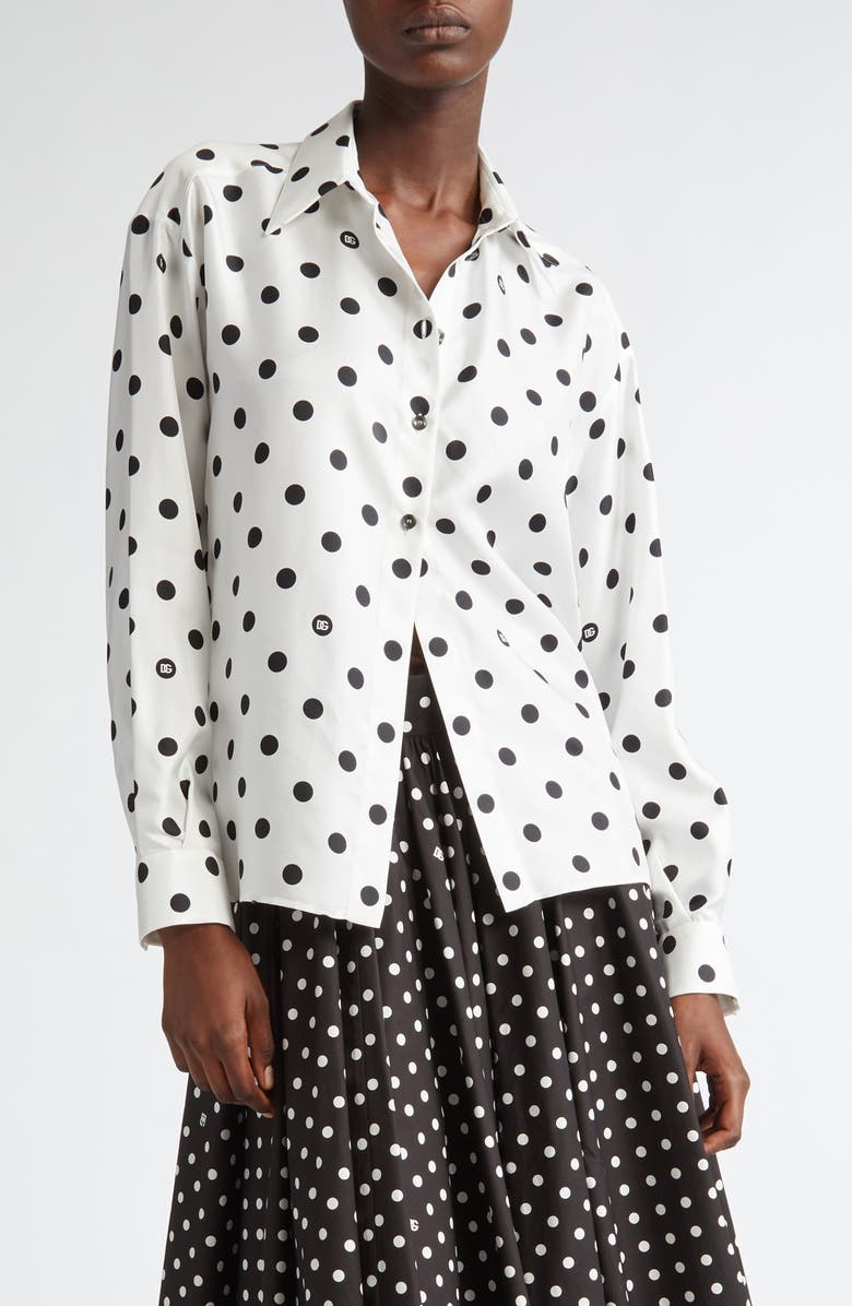 Dolce&Gabbana Polka Dot Silk Button-Up Shirt, Main, color, Bianco