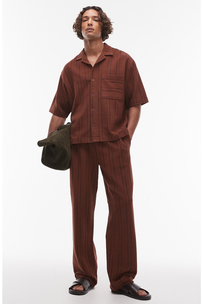 Oversize Stripe Textured Cotton Blend Knit Camp Shirt, Alternate, color, BROWN